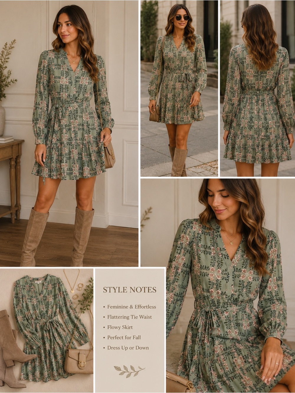 Size M Talbots Floral Tie-Waist Mini Dress - Green